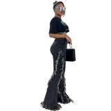 Tassel Trim Fitted Sexy Elastic Flare Denim Pants