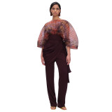 Sexy women's multi-color pleated see through batwing sleeve loose jumpsuit