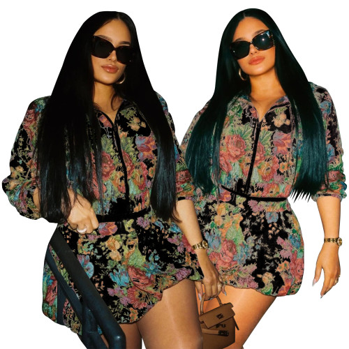 Fashion women's jacquard long sleeved zipper top sexy short skirt set