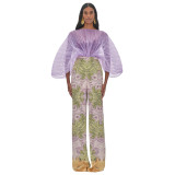Sexy women's multi-color pleated see through batwing sleeve loose jumpsuit