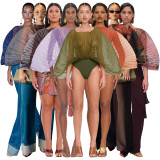 Sexy women's multi-color pleated see through batwing sleeve loose jumpsuit