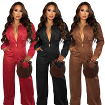 Fashion women's solid color slim fit zipper workwear jumpsuit