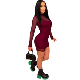 Sexy zipper mesh jumpsuit with suspender and reflective skirt two-piece set