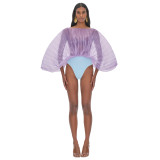 Sexy women's multi-color pleated see through batwing sleeve loose jumpsuit