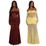Elegant lace long dress, fashionable and sexy long sleeved backless slim fit dress