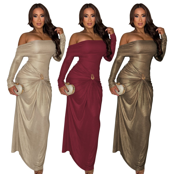 Women's sexy one shoulder slim fit dress with long sleeves and glossy finish dress