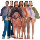 Sexy women's multi-color pleated see through batwing sleeve loose jumpsuit