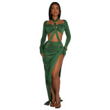Autumn long sleeved sexy slit neck dress