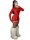 Slim zipper long sleeved thumb button top shorts two-piece sports suit