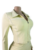 Slim zipper long sleeved thumb button top shorts two-piece sports suit