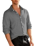Knitted Flower Pattern Single-Row Button Casual Sporty Trendy Men's Flared Collar Long Sleeve Shirt