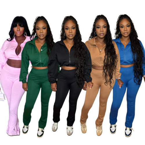 Solid color sports suit women's fashionable casual high waisted pants+cardigan jacket two-piece set