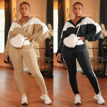 Women's Two-Piece Set: Colorblocked Zip-Up Oversized Leggings with Elastic Waist and Sports Long Pants