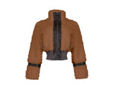 New casual winter fur collar patchwork leather women's coat with lining