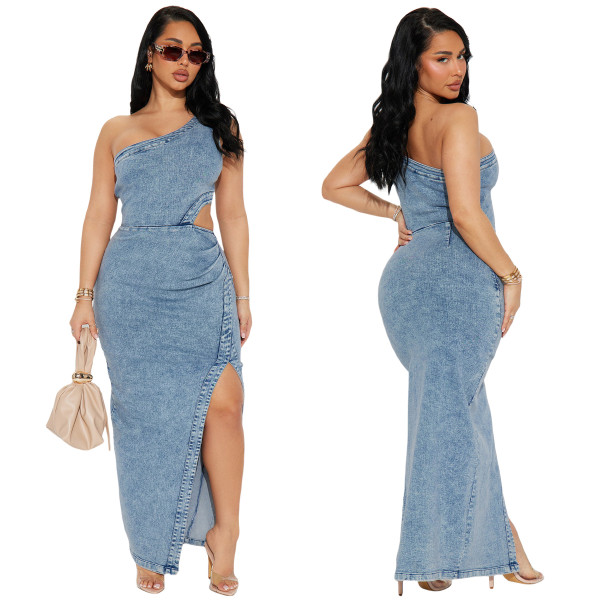 High-waisted, body-con, elastic, sexy off-shoulder, sleeveless, backless, waist-exposing denim dress