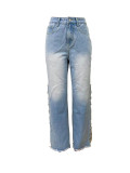 Side slit metal chain diamond decoration loose straight leg jeans