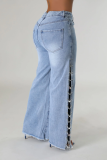 Side slit metal chain diamond decoration loose straight leg jeans
