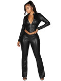 Slim Zippered Elastic Leather Jacket and Wide-Leg Pants Two-Piece Set