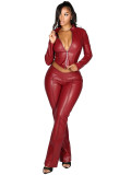 Slim Zippered Elastic Leather Jacket and Wide-Leg Pants Two-Piece Set