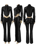 Slim Zippered Elastic Leather Jacket and Wide-Leg Pants Two-Piece Set