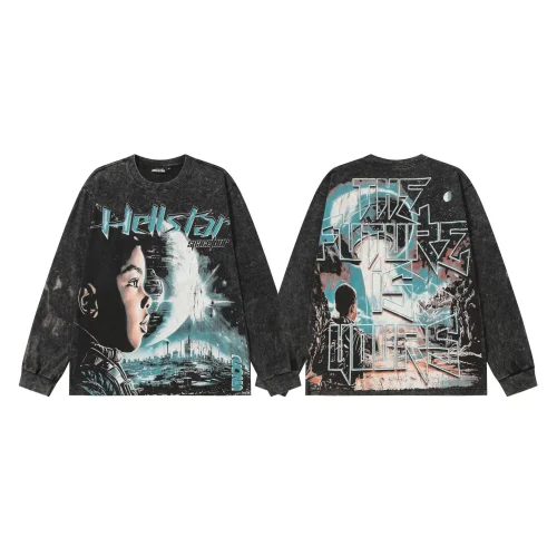 Cross-border Streetwear Trendy Brand Hellstar Skeleton Lightning Print Washed Vintage Long Sleeve Retro Hoodie