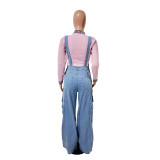 Versatile wide leg denim loose overalls denim jumpsuit jumpsuit work pants