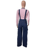 Versatile wide leg denim loose overalls denim jumpsuit jumpsuit work pants