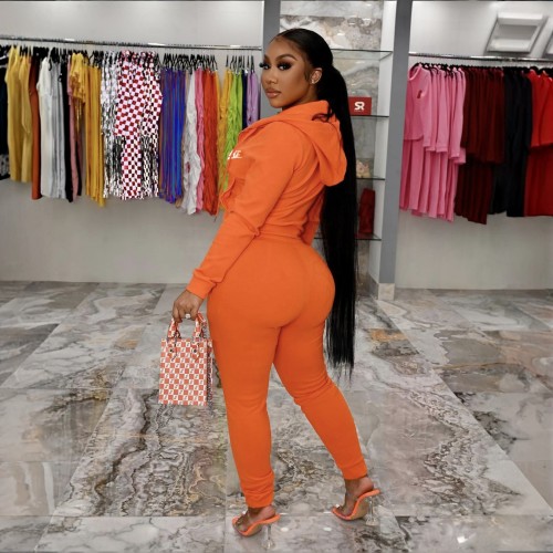 Casual Print Sportswear Hooded Zip-Up Sweatshirt Long Pants