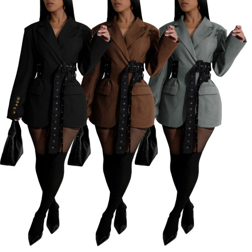 Suit jacket with side straps, waist cinching, long sleeved suit