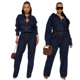 Slim fit elastic loose washable long sleeved denim jumpsuit