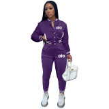 Women's jacket set single row button long sleeved baseball jacket two-piece set