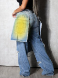 Wash, cut, spray color, loose elastic denim splicing, fake two-piece pants