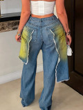 Wash, cut, spray color, loose elastic denim splicing, fake two-piece pants