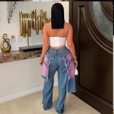 Wash, cut, spray color, loose elastic denim splicing, fake two-piece pants