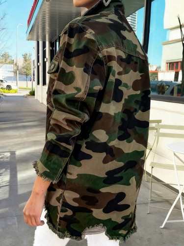 Cardigan collar button street versatile camouflage cut fringe wash jacket