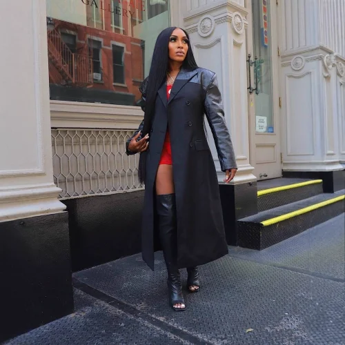 Cardigan lapel double row button pocket PU splicing long jacket (with lining)