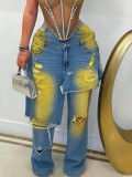 Wash, cut, spray color, loose elastic denim splicing, fake two-piece pants