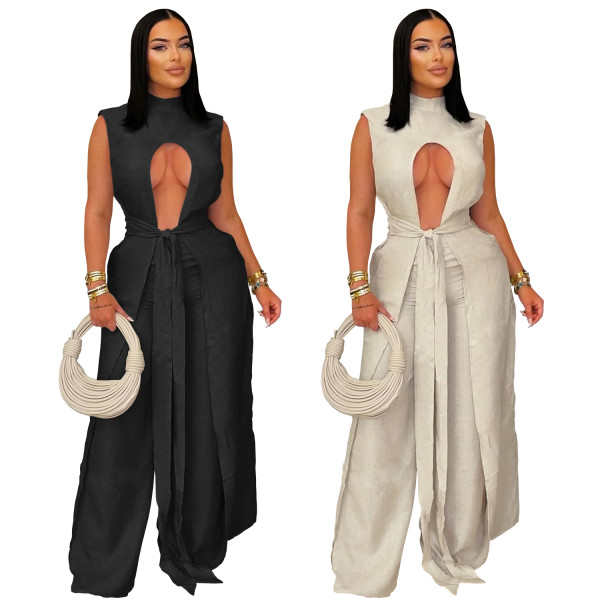 Sexy solid color strap sleeveless pants set