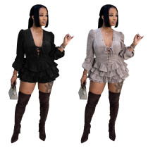European and American fashionable women's dress with fresh temperament, lace up ruffle edge dress