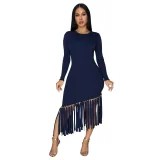 Slimming solid color round neck fringed hem dress