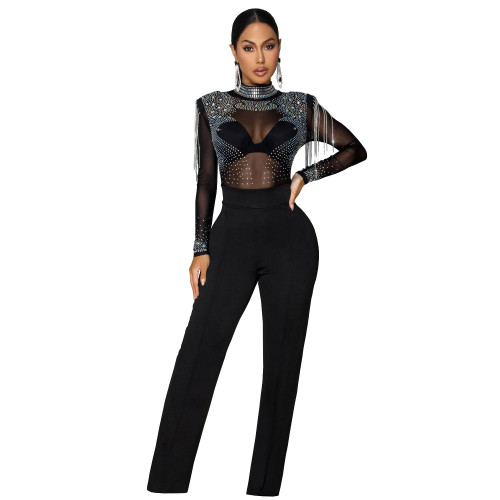European and American fashion women's sexy see through mesh hot diamond long sleeved jumpsuit