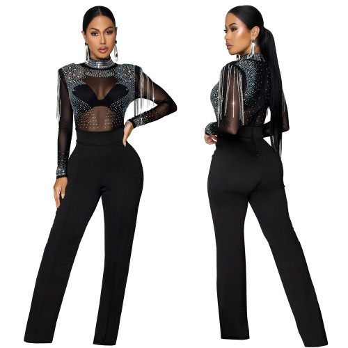 European and American fashion women's sexy see through mesh hot diamond long sleeved jumpsuit