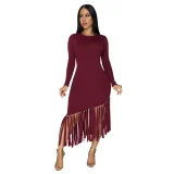 Slimming solid color round neck fringed hem dress