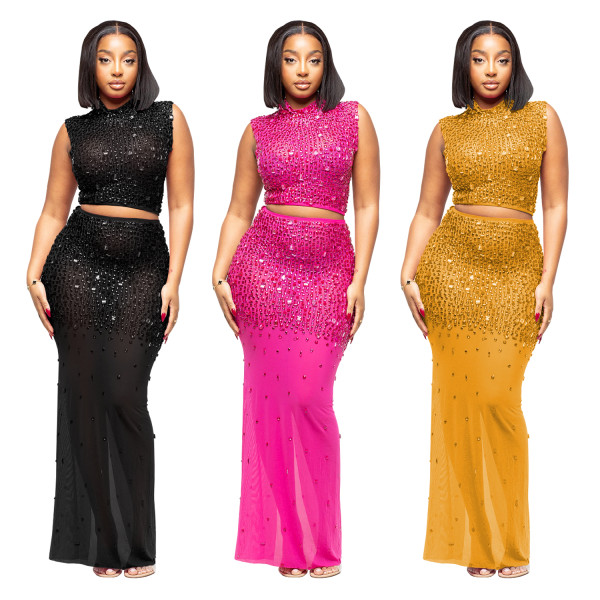 Fashion Women's Sexy Mesh Netted Sequined Long Dress Two-Piece Set