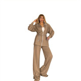 Casual Embroidered Letter Lapel Long Sleeve Cardigan Wide Legs Pant Set
