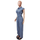 Tight waist slim fit elastic wash denim jumpsuit straight tube loose jumpsuit