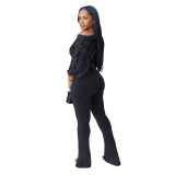 Casual slanted shoulder long sleeved top and pants two-piece set