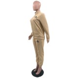 Casual Embossed Embroidered Ribbed Zipper Two-piece Pant Set