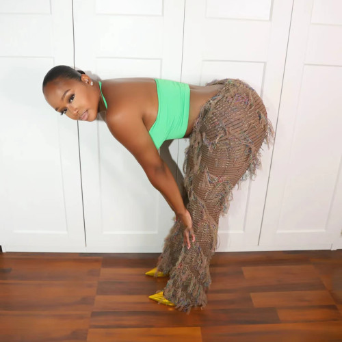 Tassel mesh semi transparent sexy fashion new slim straight leg pants