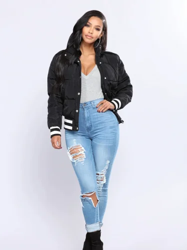 Women's warm cotton clothing, European and American women's clothing, threaded stripes, hidden button cotton clothing, jacket, outerwear